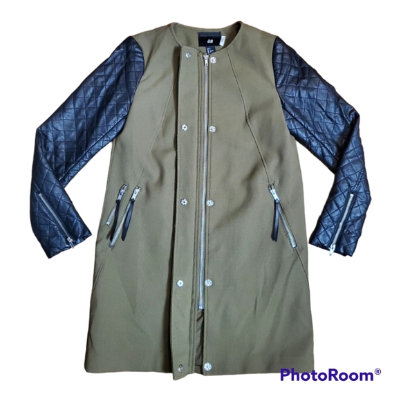 H&M Faux Leather Sleeve Trench Coat Jacket - Picture 3 of 6